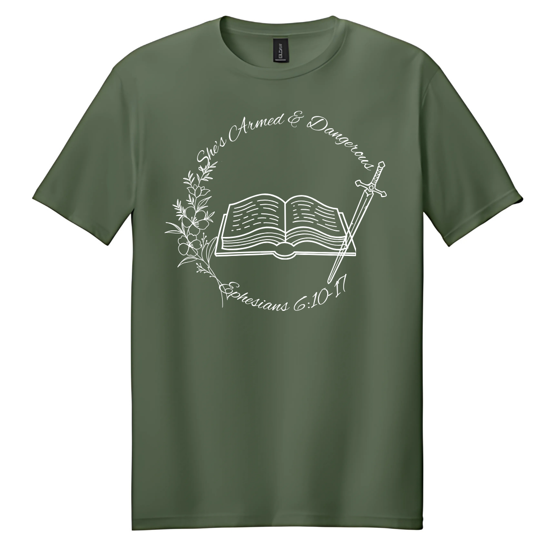 Military Green Circle She’s Armed & Dangerous T-Shirt image 0