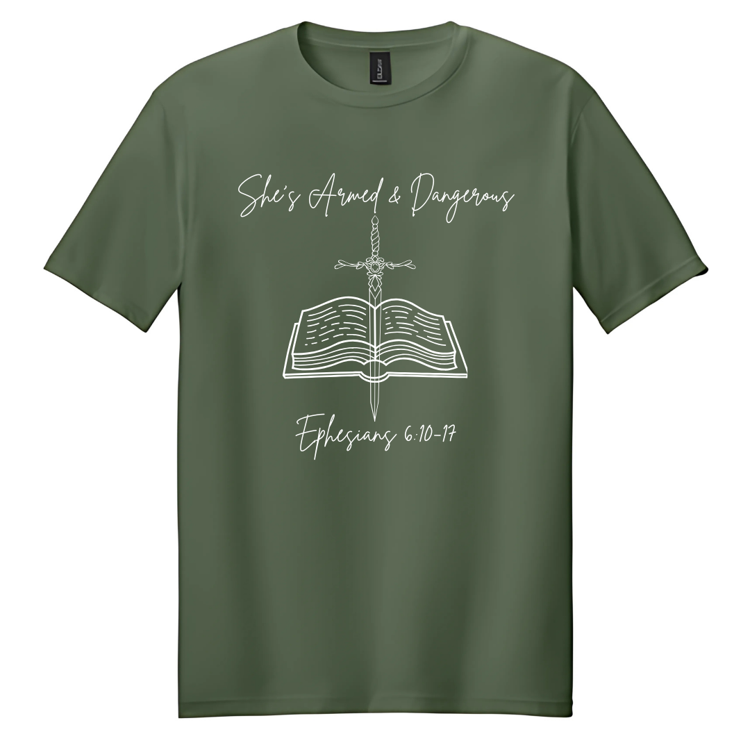 Military Green Bible She’s Armed & Dangerous T-Shirt image 0