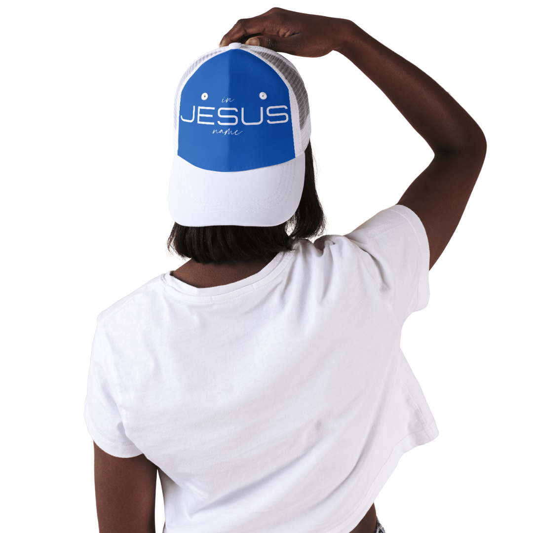 In Jesus Name Hat (WHITE & BLUE) image 0