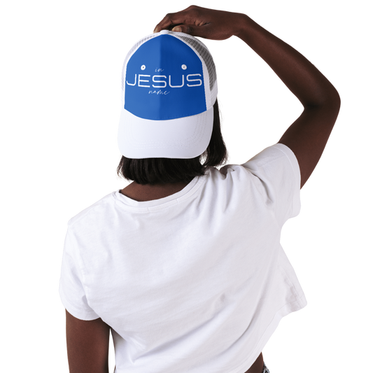 In Jesus Name Hat (WHITE & BLUE) image 0