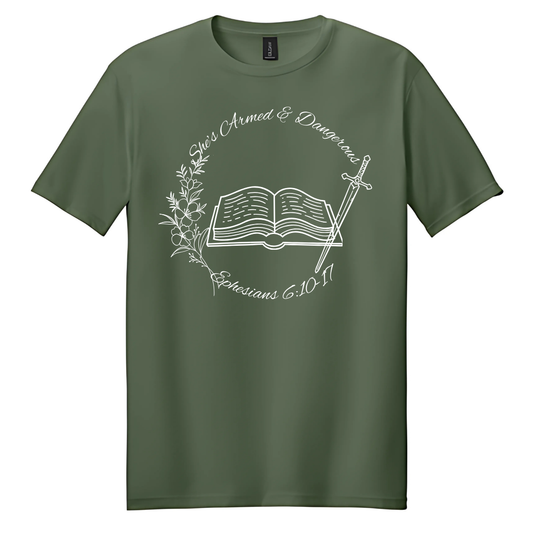 Military Green Circle She’s Armed & Dangerous T-Shirt image 0