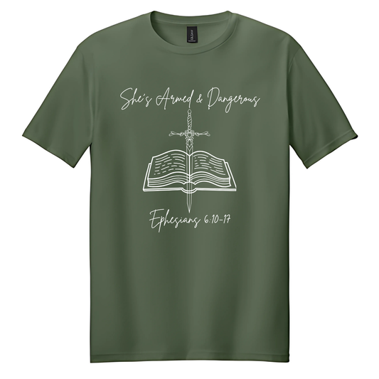 Military Green Bible She’s Armed & Dangerous T-Shirt image 0